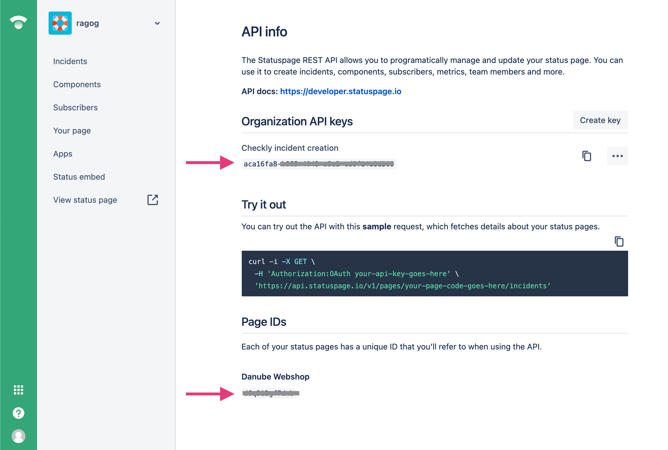 status page api details page